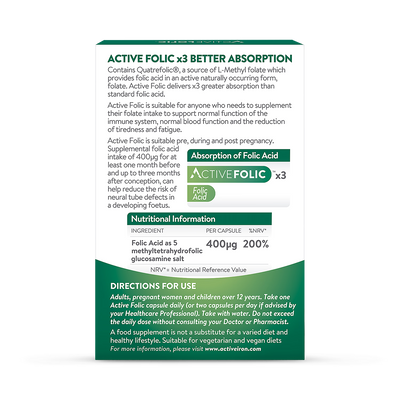 Active Folic Folsäure-Nahrungsergänzungsmittel 400mcg 60 Kapseln