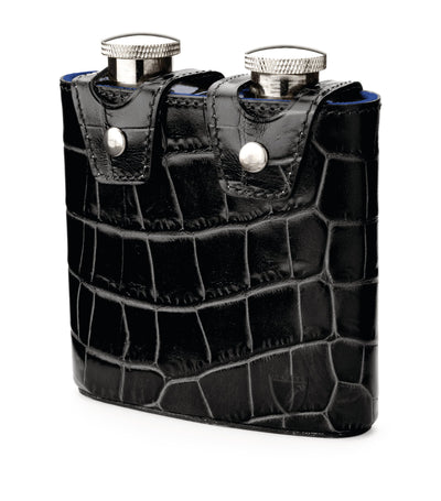 Harrods Croc-Embossed Leather Double Hip Flask with Stainless Steel Containers 85ml Each- Buy online at McGrocer