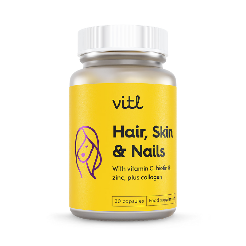 Hair Skin and Nails supplement daily capsules, imported from the UK