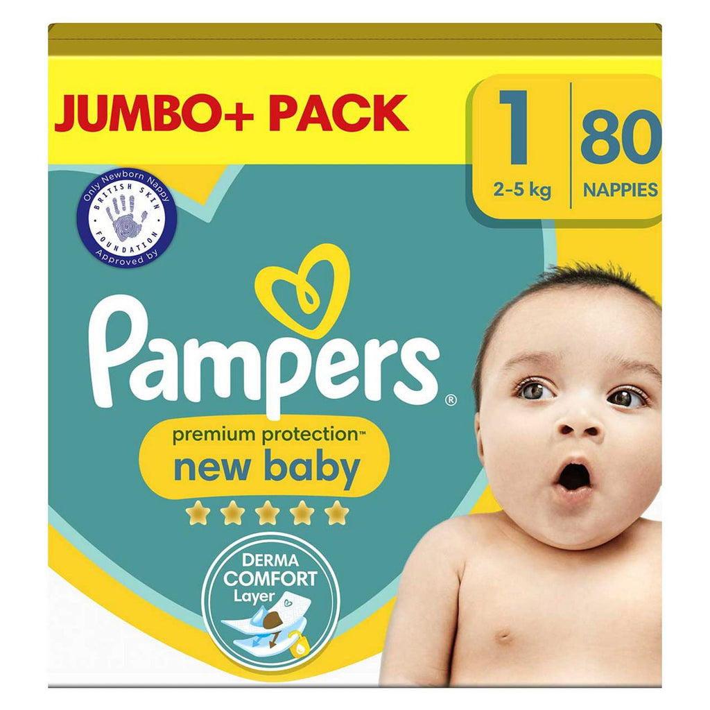 Pampers New Baby Size 1, 80 Newborn Nappies, 2kg-5kg, Jumbo+ Pack