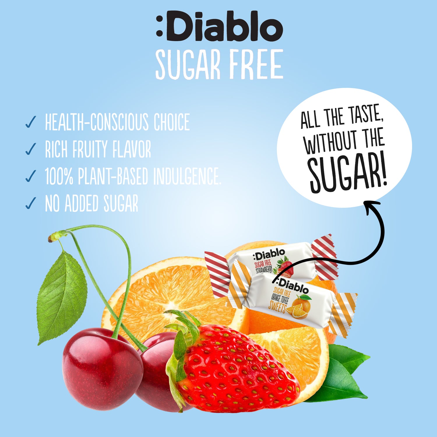 Diablo sugar free fruit toffees 75g, imported from the UK