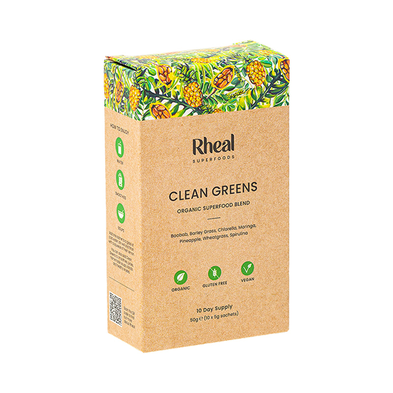 Rheal Clean Greens organic superfood blend 10 sachets, imported from the UK