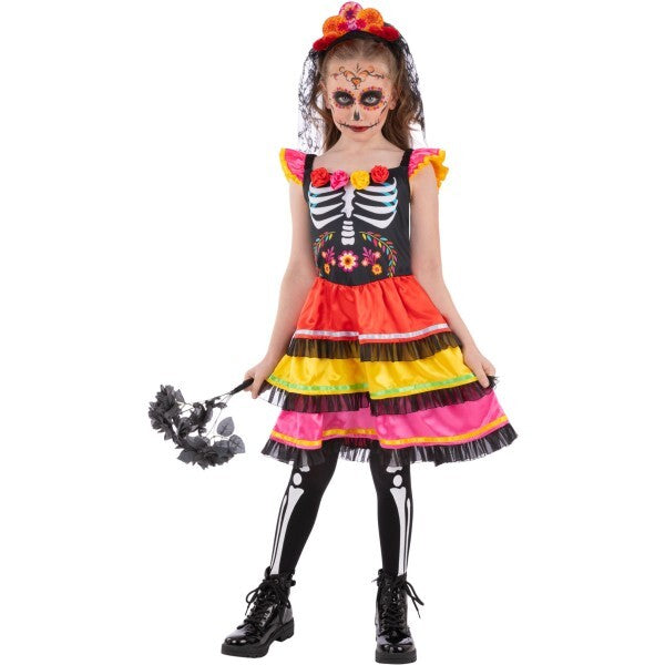 Smiffys girls Day of the Dead fiesta costume dress rose headband (British brand)