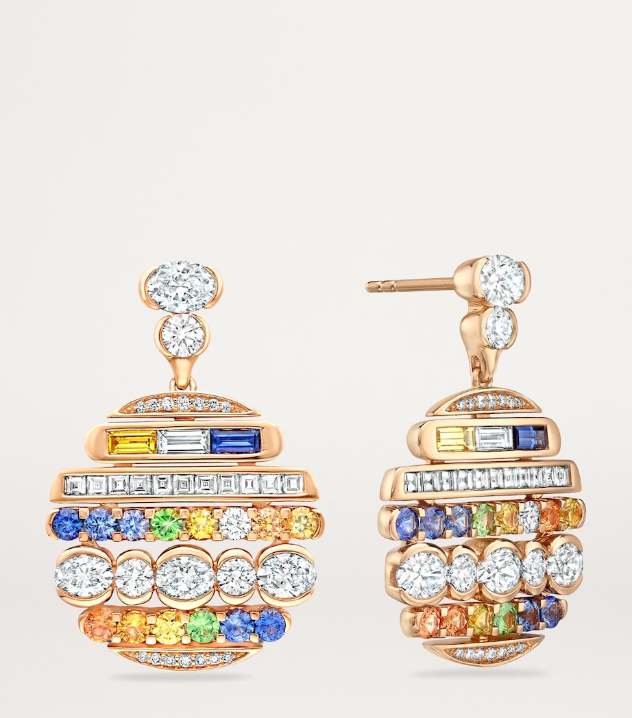 Boodles drop earrings in rose gold with diamonds, sapphires and tsavorite, UK version