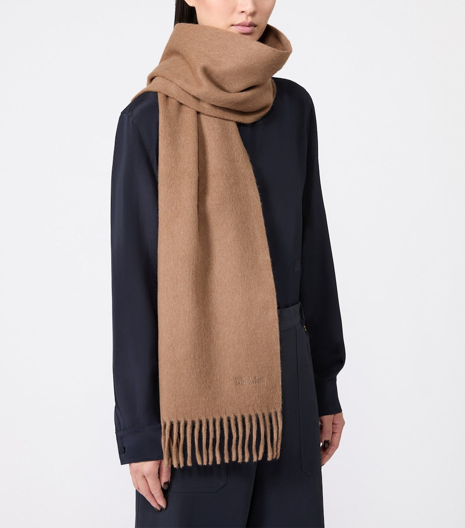 Max Mara wool fringed logo scarf, UK version