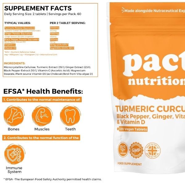 Pact Nutrition Turmeric Ginger Black Pepper tablets 120 count - British product
