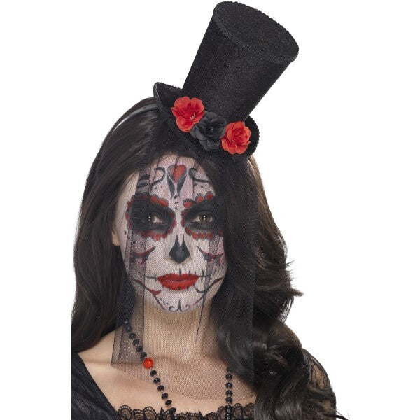 Smiffys Day of the Dead mini top hat with lace veil (British brand)