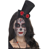Smiffys Day of the Dead mini top hat with lace veil (British brand)