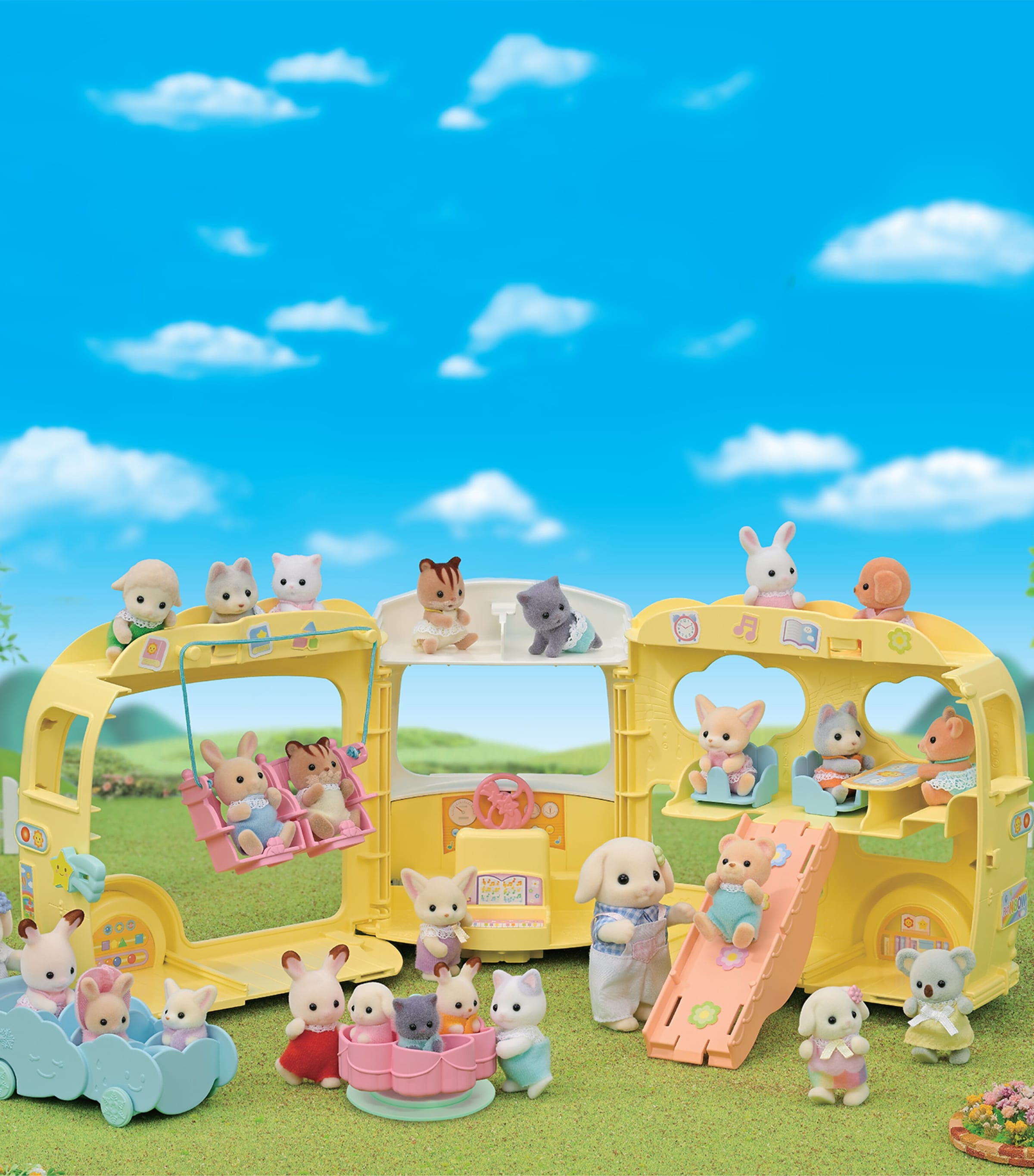 Sylvanian Families rainbow fun nursery bus playset with transforming play area (British brand)