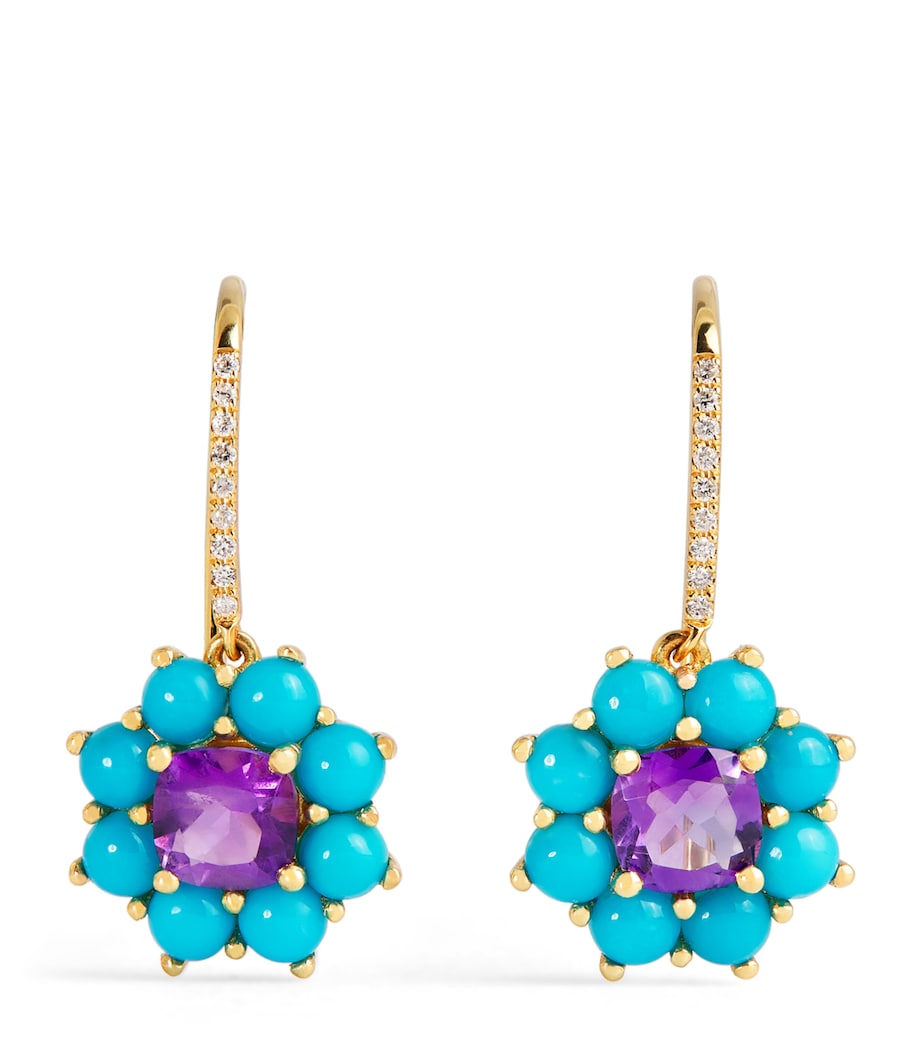 Jennifer Meyer gold flower drop earrings turquoise amethyst 23.5mm - British product