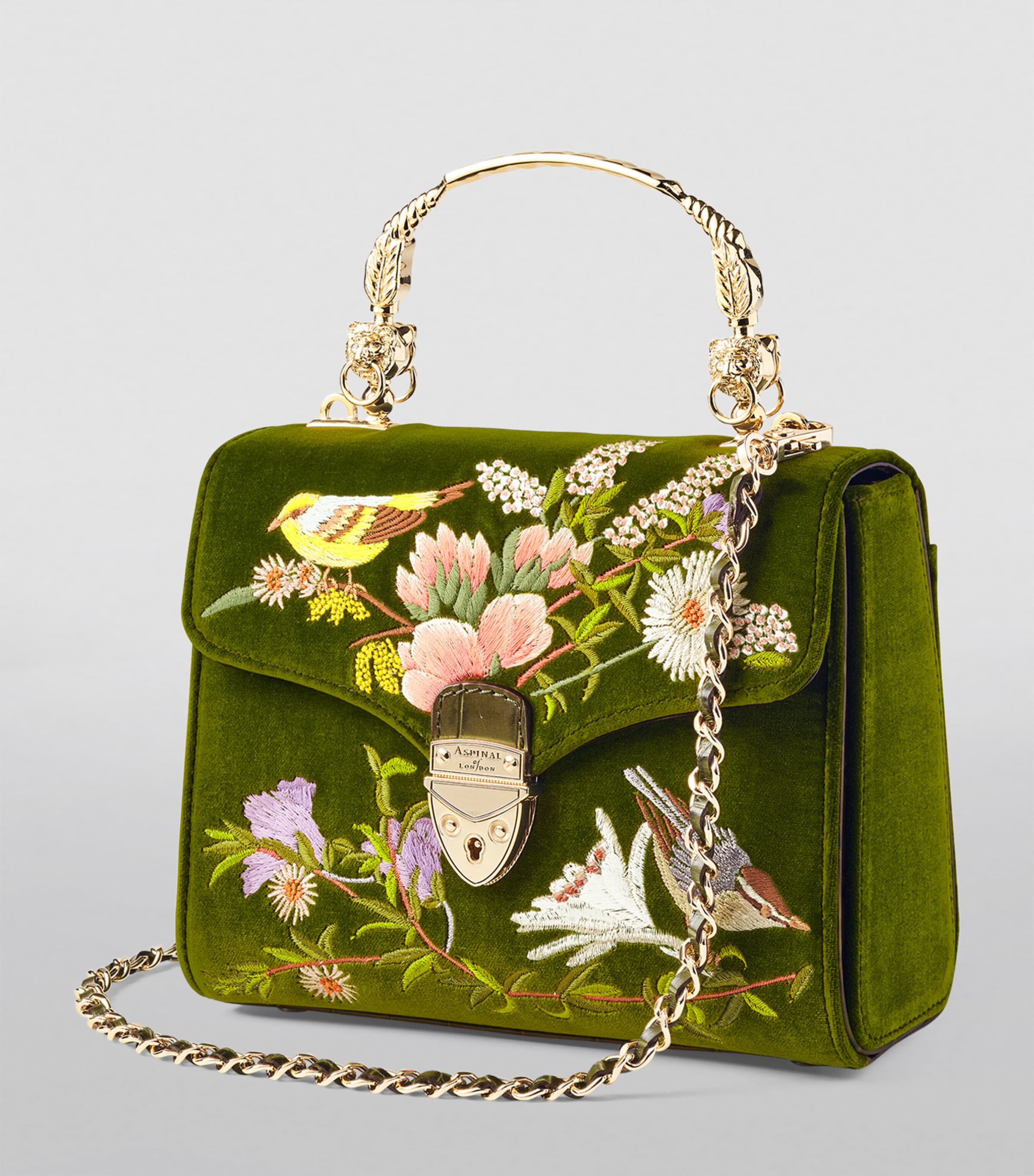 Aspinal of London midi velvet embroidered Mayfair top-handle bag (British brand)