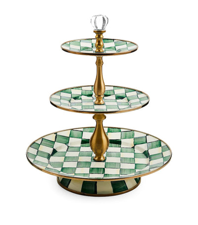 حامل حلويات MacKenzie-Childs بتصميم Emerald Check ذو ثلاث طبقات