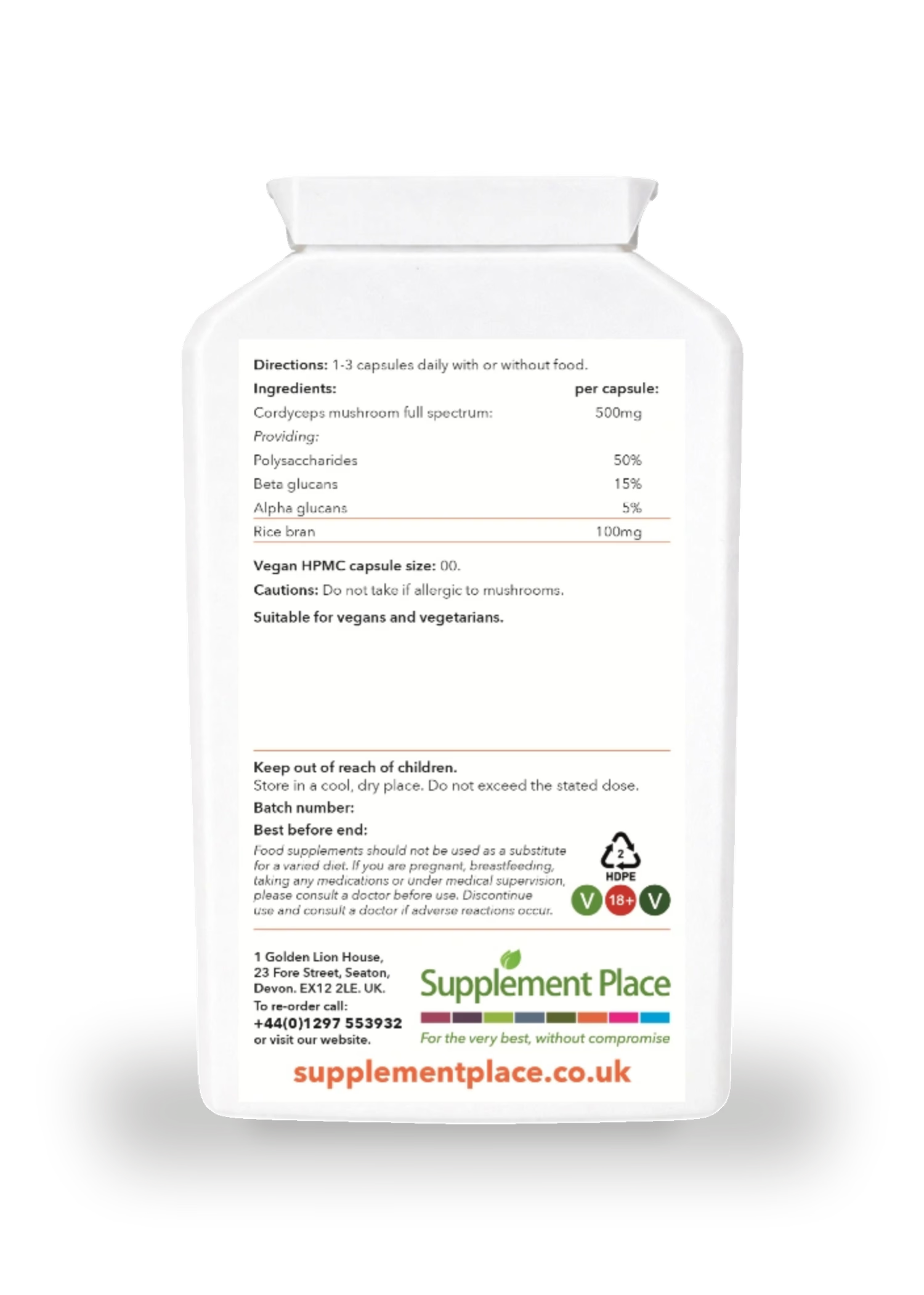 Supplement Place Cordyceps Mushroom 500mg 120 capsules, UK version