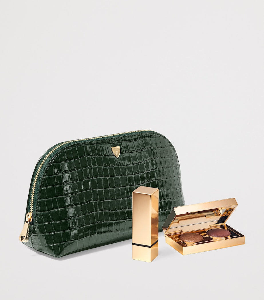 Aspinal of London small leather croc-embossed cosmetic case - British product