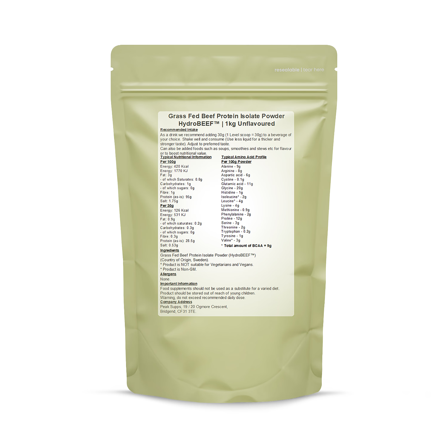 HydroBEEF hydrolysed beef protein isolate 1kg, imported from the UK