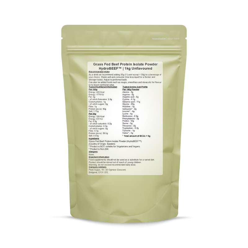 HydroBEEF hydrolysed beef protein isolate 1kg, imported from the UK