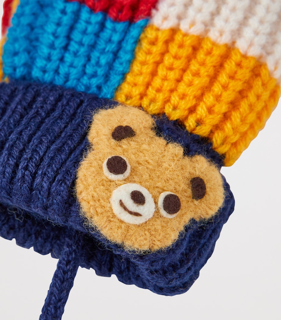 Miki House bear mittens with patchwork design and teddy bear appliques - British product