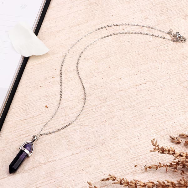 Myga silver plated necklace with purple agate pendant, imported from the UK
