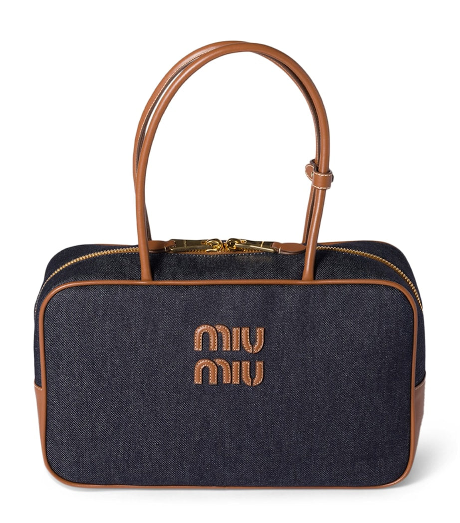 Miu Miu Beau denim top-handle bag with calf leather trims (British brand)