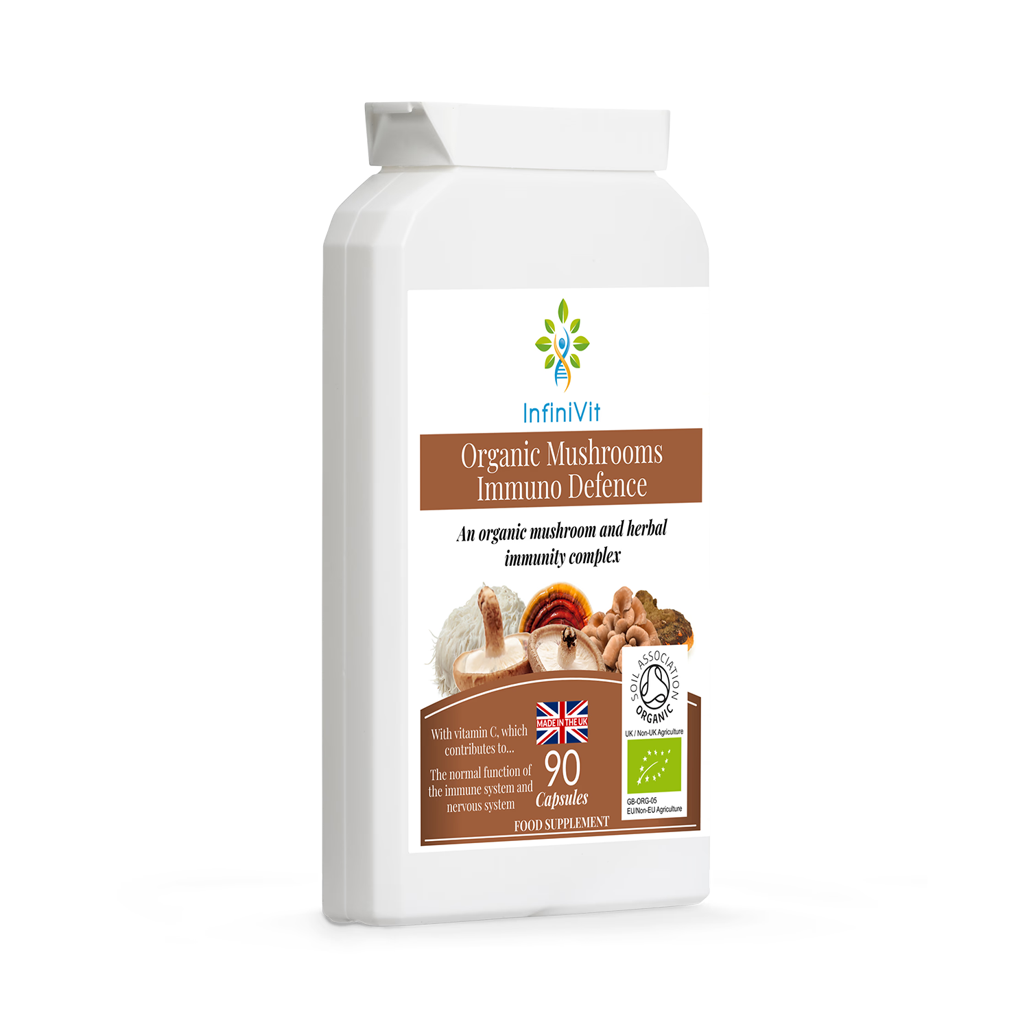 InfiniVit mushroom supplement Immuno Defence 90 capsules, imported from the UK