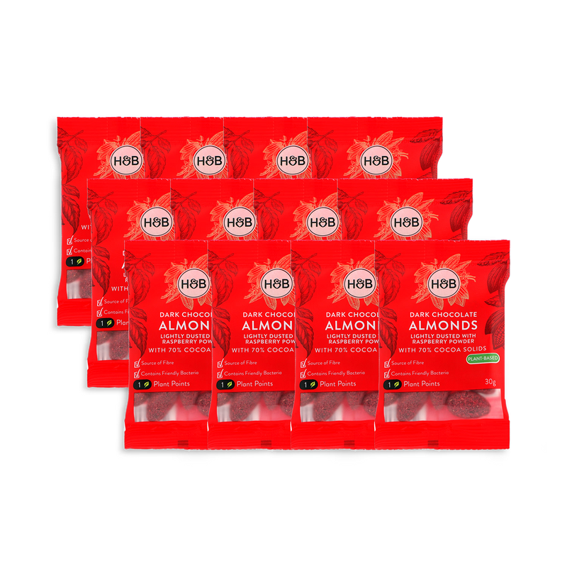 Holland & Barrett dark chocolate raspberry almonds 12 x 30g - British product