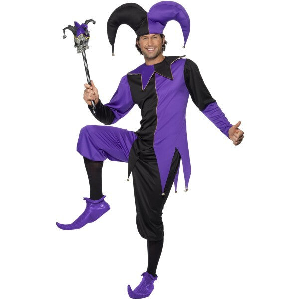 Smiffys Medieval Jester Costume purple top trousers hat, imported from the UK
