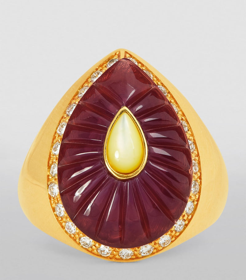 L'Atelier Nawbar yellow gold ruby diamond Bond ring, imported from the UK