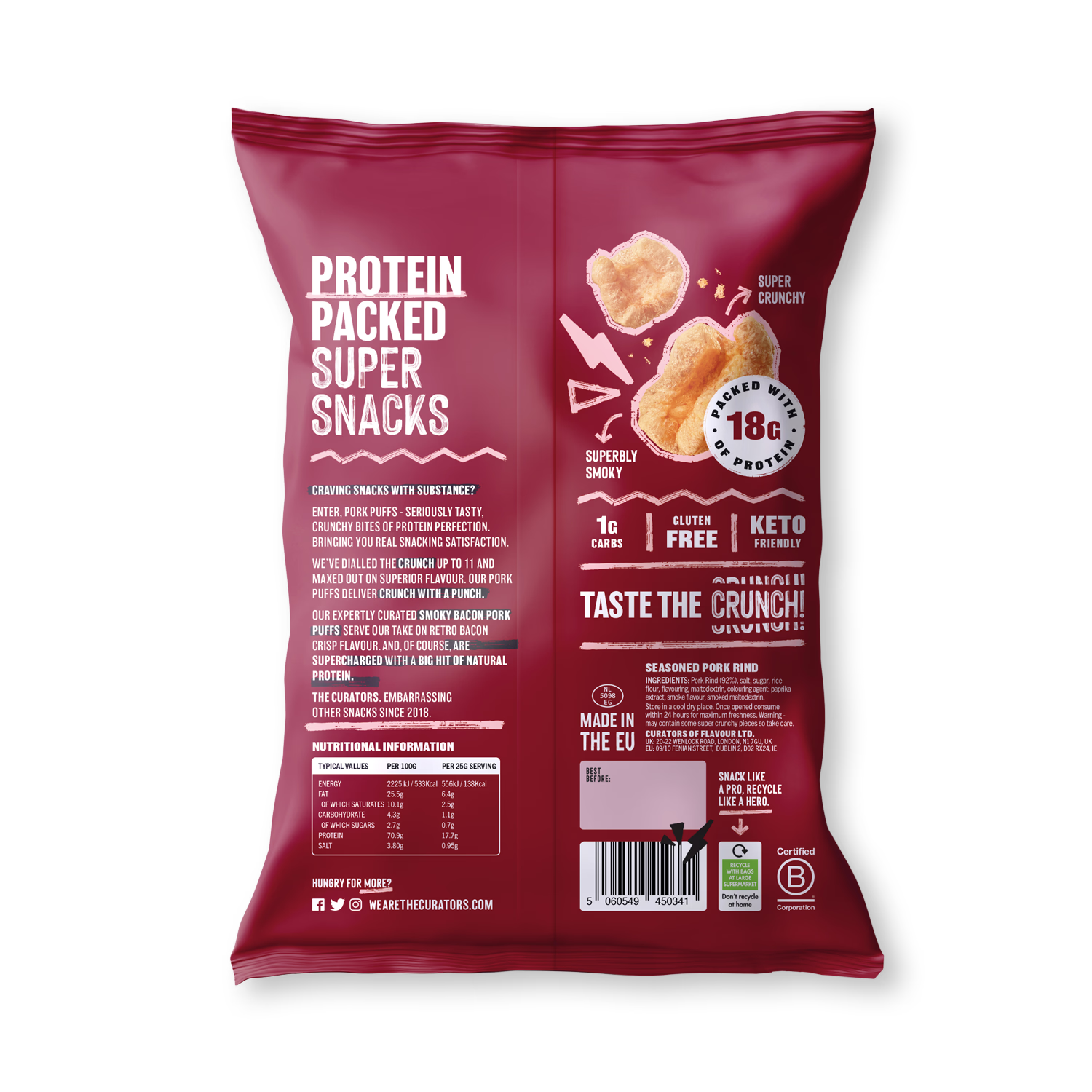 The Curators smoky bacon pork puffs 25g - British product