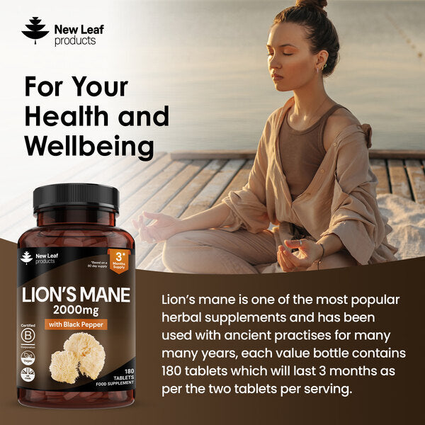 New Leaf Lion's Mane Mushroom 2000mg 180 tablets, UK version