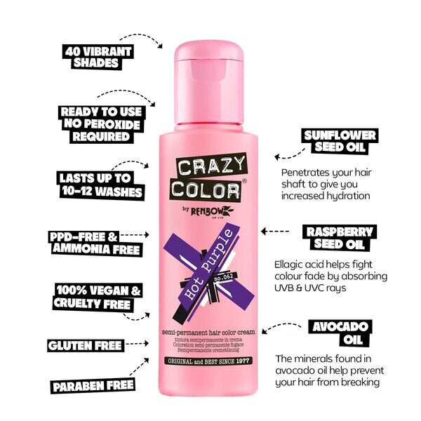 Crazy Color Semi Perm Hair Color Cream New Hot Purple 62 GOODS Superdrug   