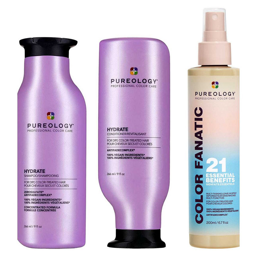 Pureology Hydrate Shampoo, Conditioner and Color Fanatic Leave In Conditioner Moisturising Bundle