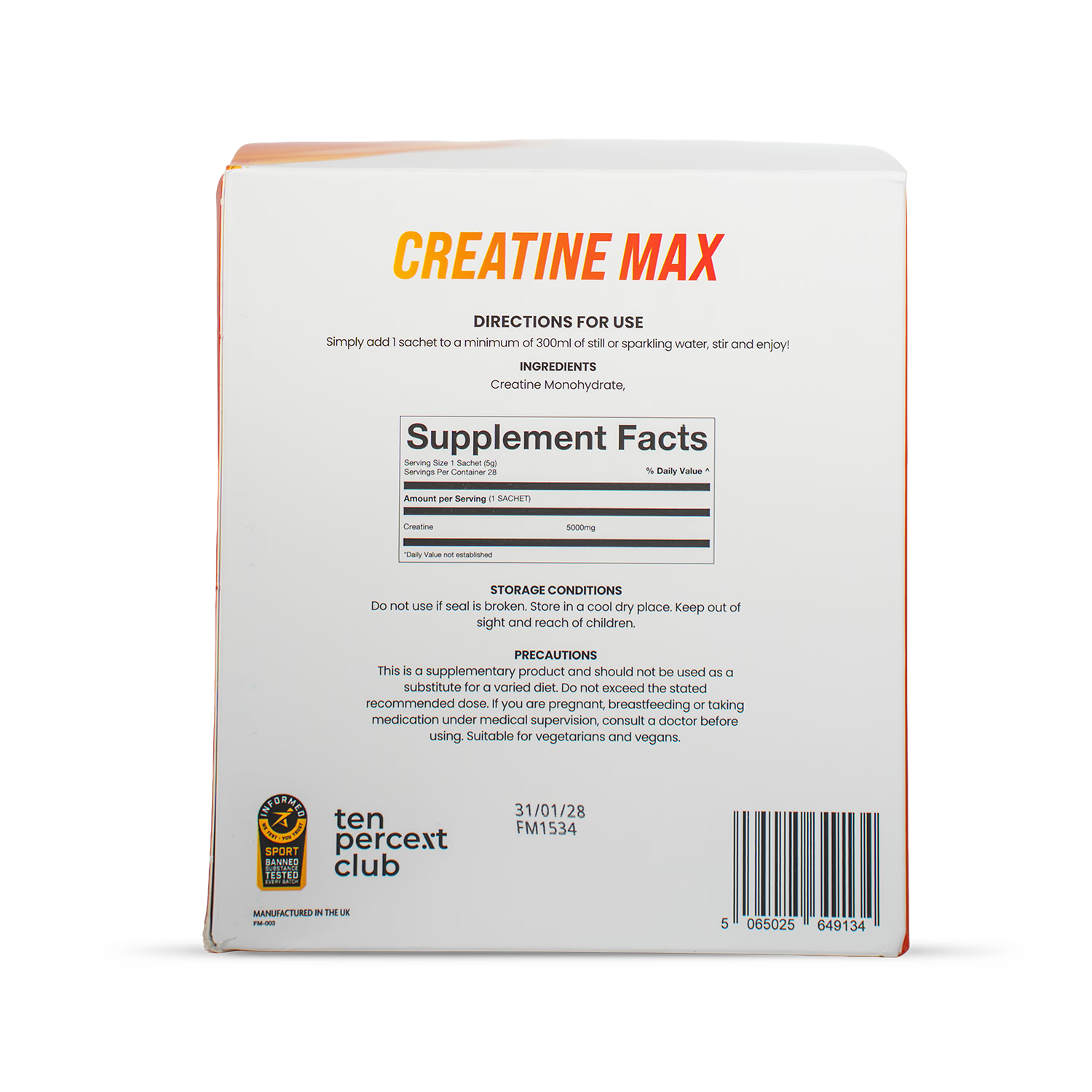 Ten Percent Club Creatine Max sachets 28 sachets - British product