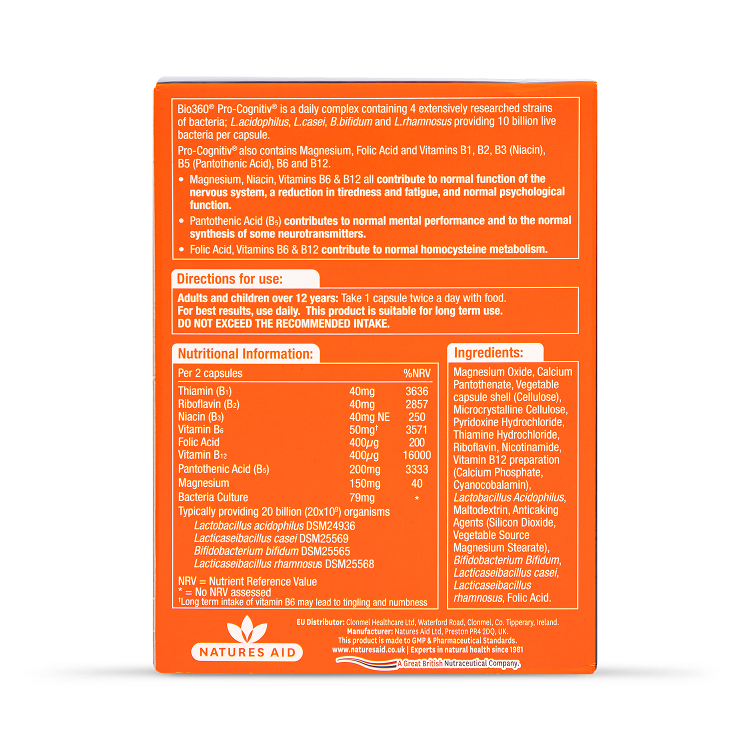 Nature's Aid PRO-Cognitiv 10 Billion Probiotic Capsules, imported from the UK