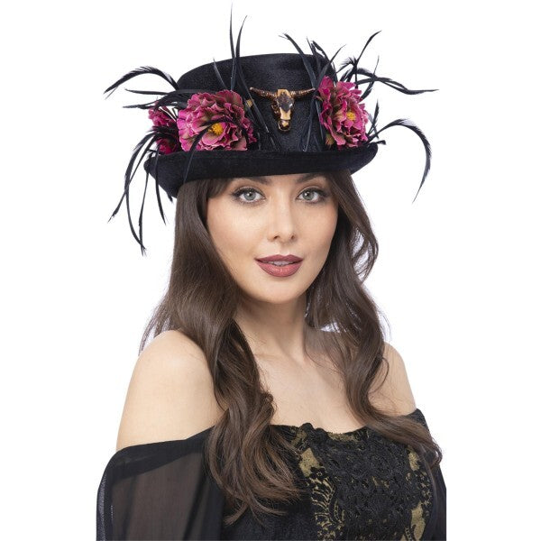 Smiffys floral horn top hat with pink peonies - British product