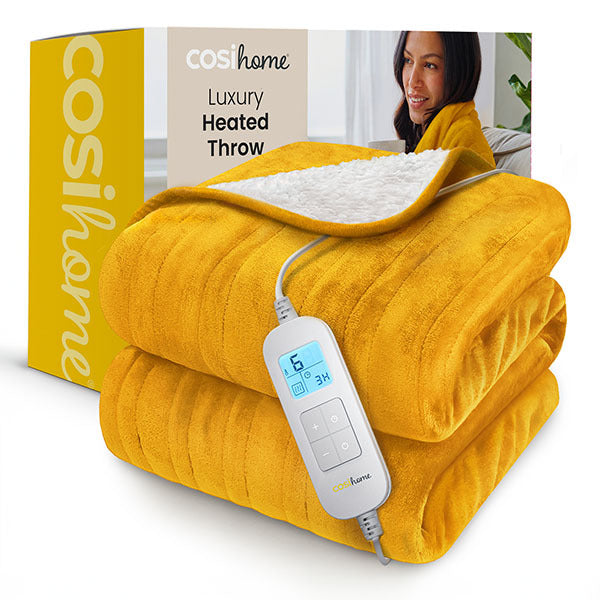 Cosi Home fleece and sherpa electric heated throw mustard (British brand)