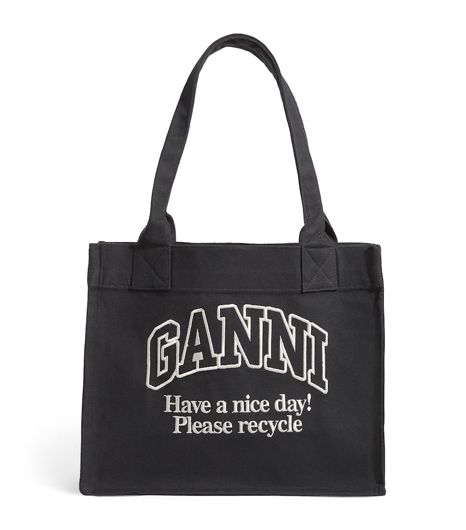 GANNI large recycled cotton tote bag with slogan, imported from the UK