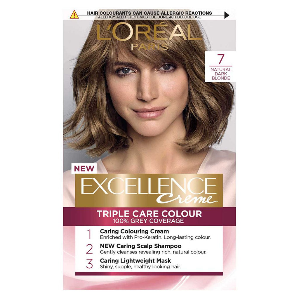 L’Oréal Paris Excellence Crème Permanent Hair Dye, Up to 100% Grey Hair Coverage, 7 Natural Dark Blonde,