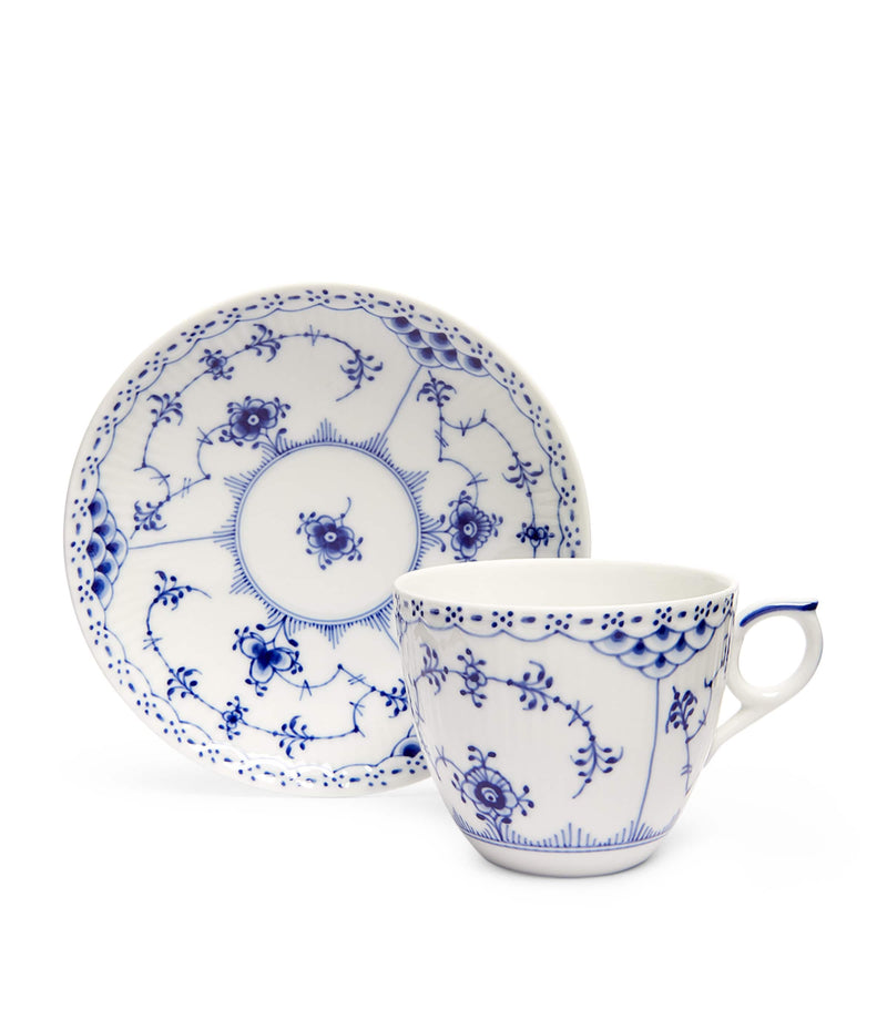 Royal Copenhagen Blue Fluted Half Lace porcelain teacup and saucer, imported from the UK