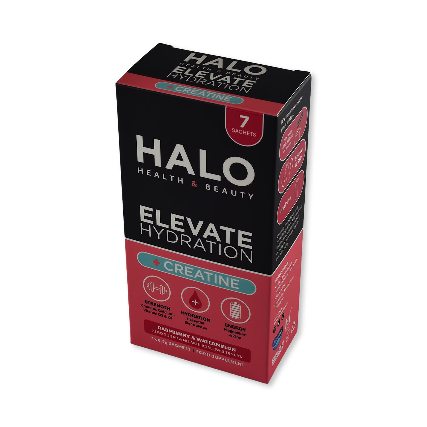 Halo Elevate Hydration Raspberry & Watermelon sachets, imported from the UK