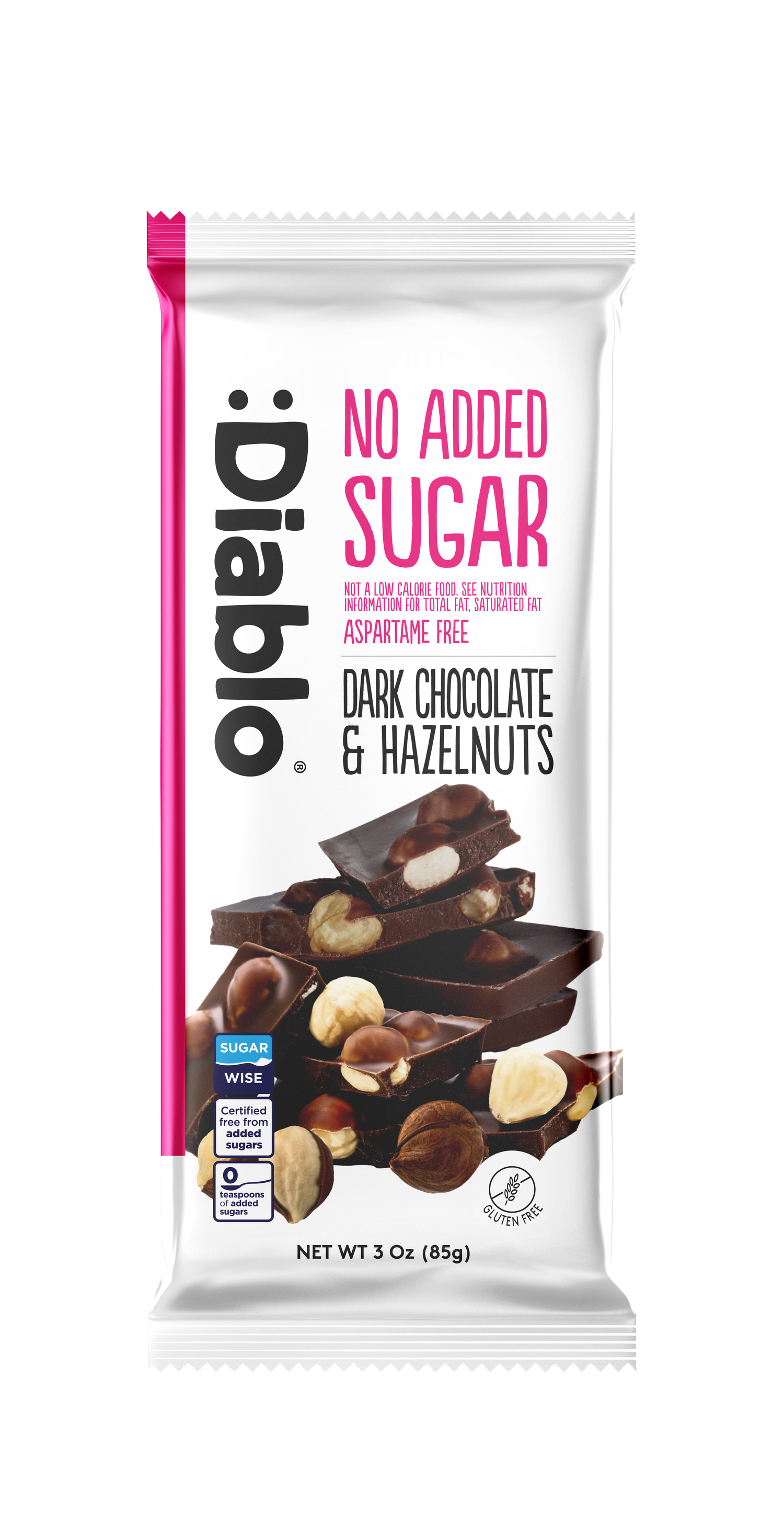 Diablo no added sugar dark chocolate hazelnuts bar 85g, UK version