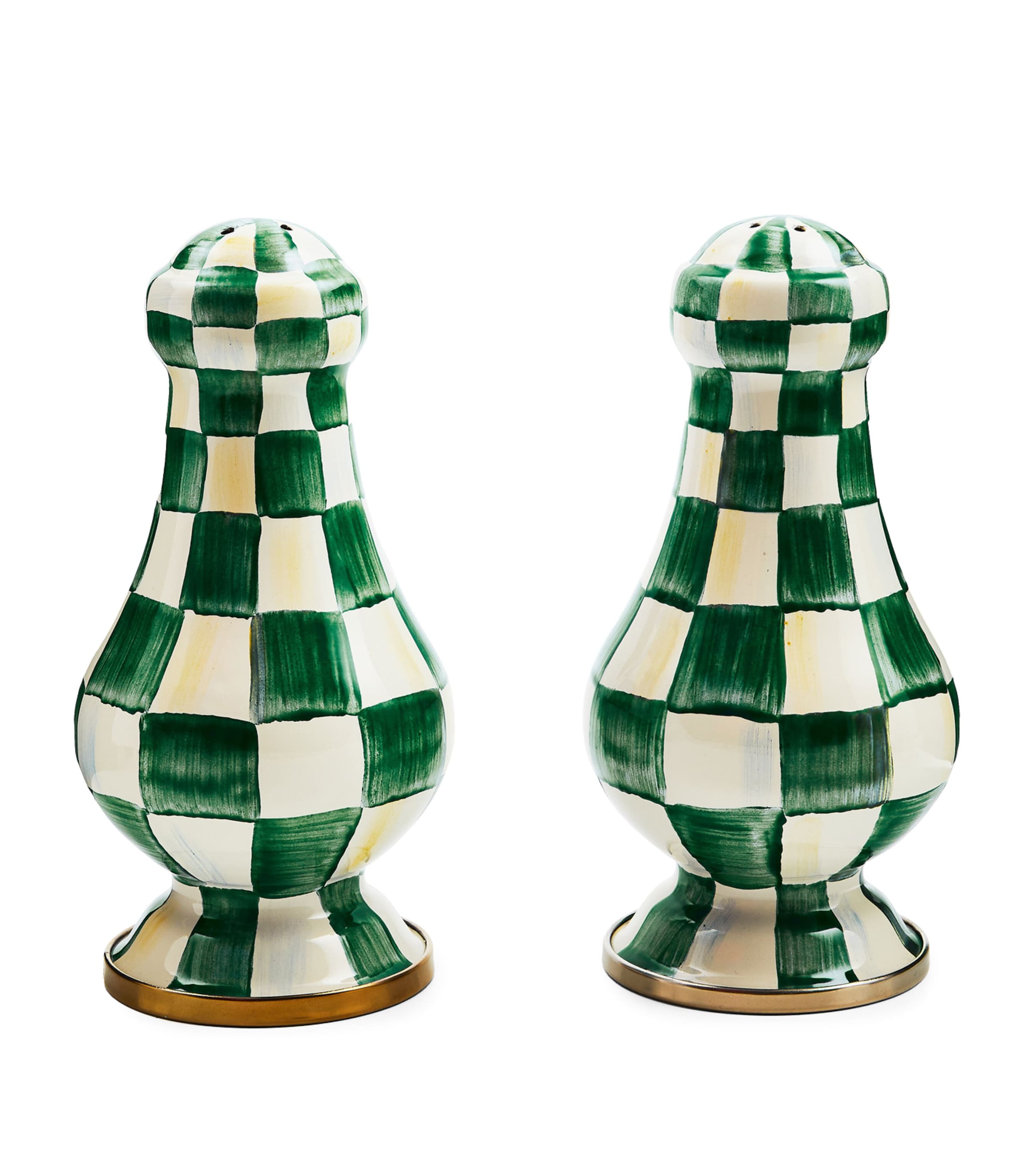 MacKenzie-Childs Large Emerald Check salt and pepper shakers, imported from the UK