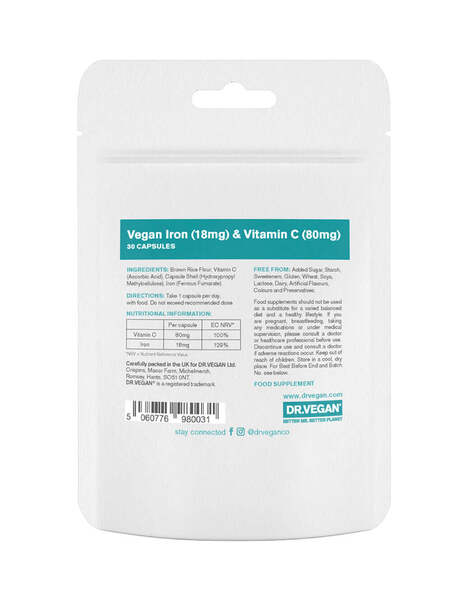 DR.VEGAN Gentle Iron and Vitamin C supplement 30 capsules, imported from the UK