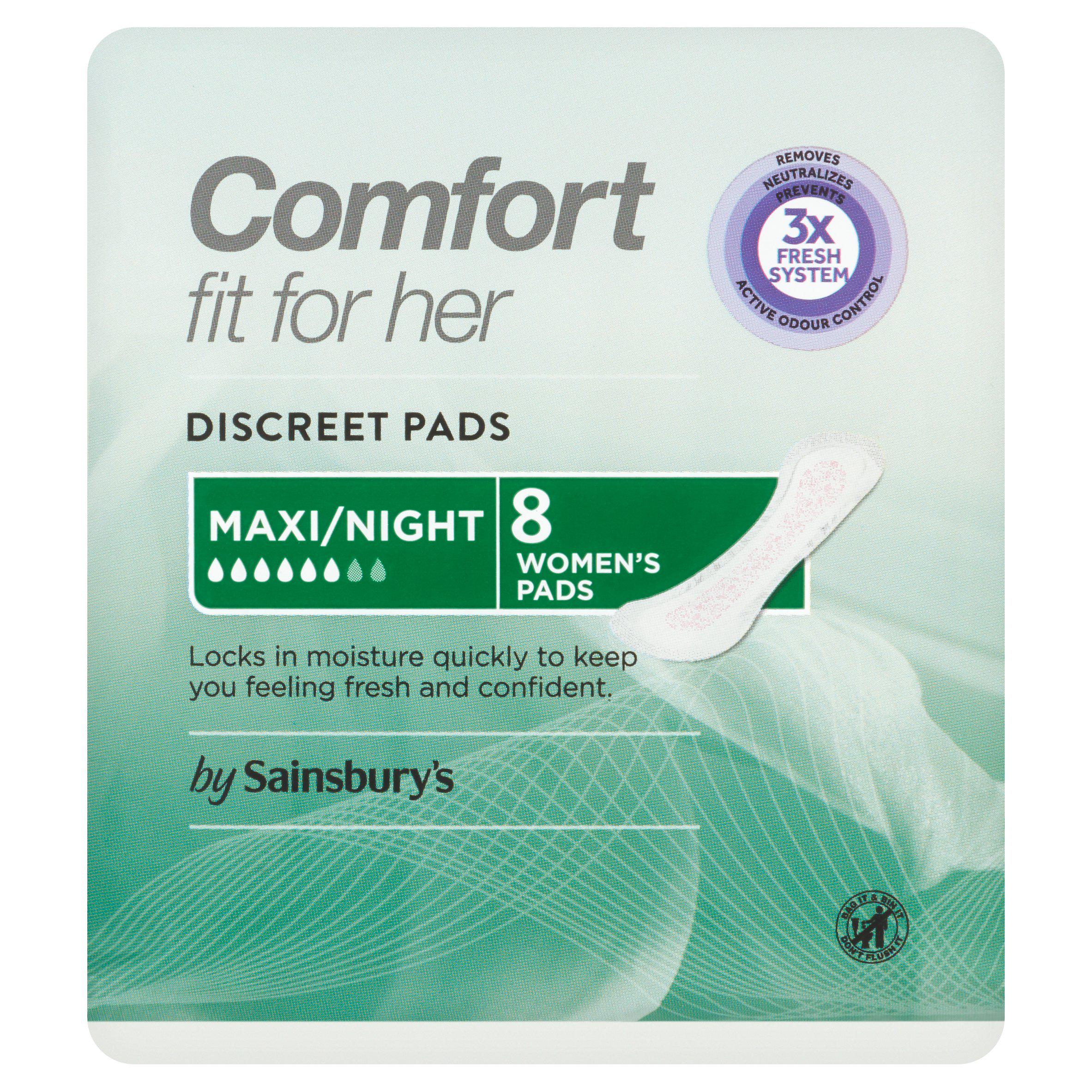 Sainsbury's Comfort Fit for Her 8 Discreet Maxi/Night Women's Pads x8 bladder weakness Sainsburys   