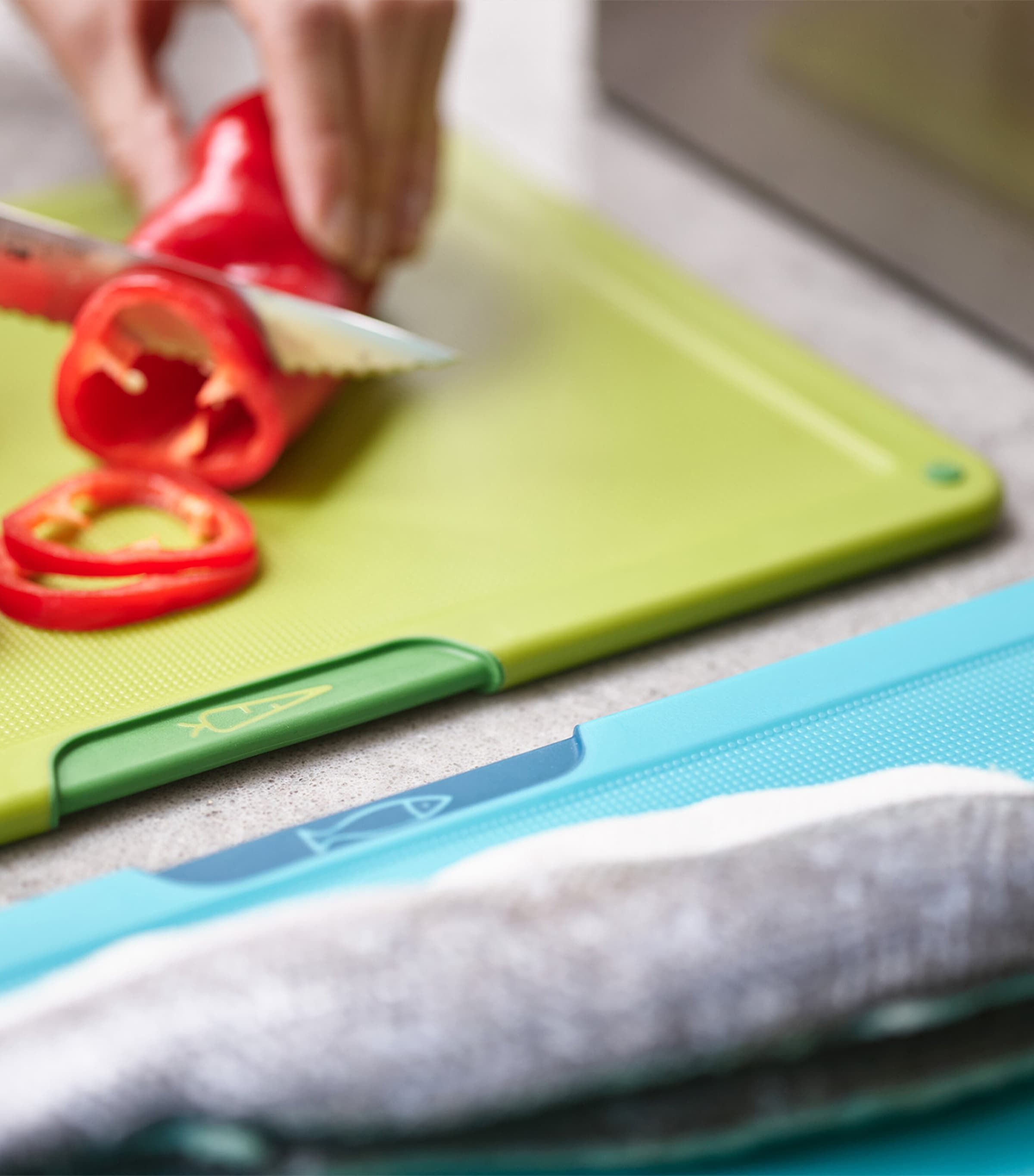Joseph Joseph colour-coded chopping board set with storage case, UK version