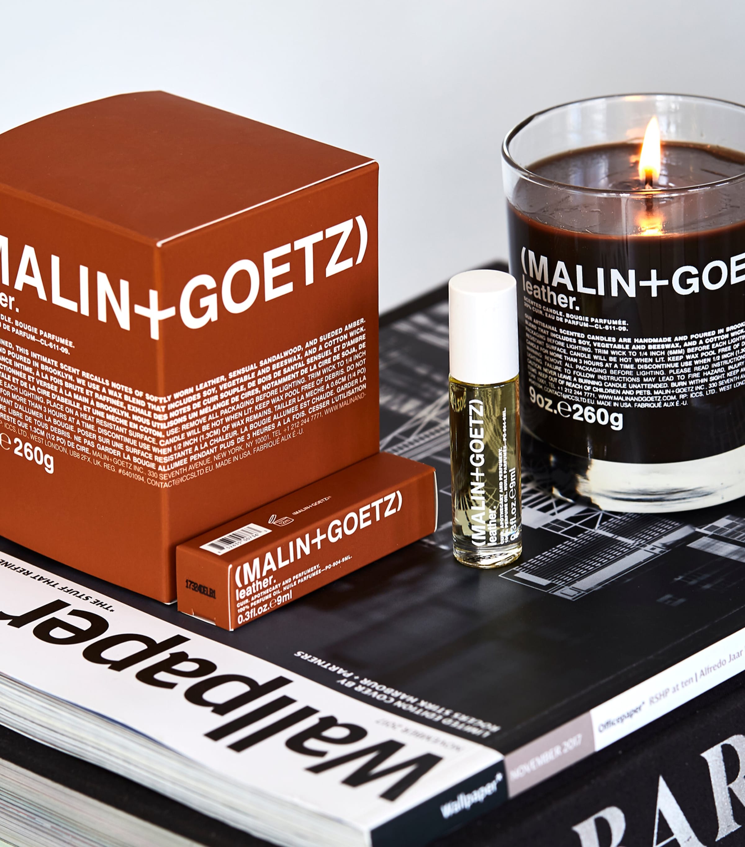 MALIN+GOETZ leather scented candle 260g, imported from the UK