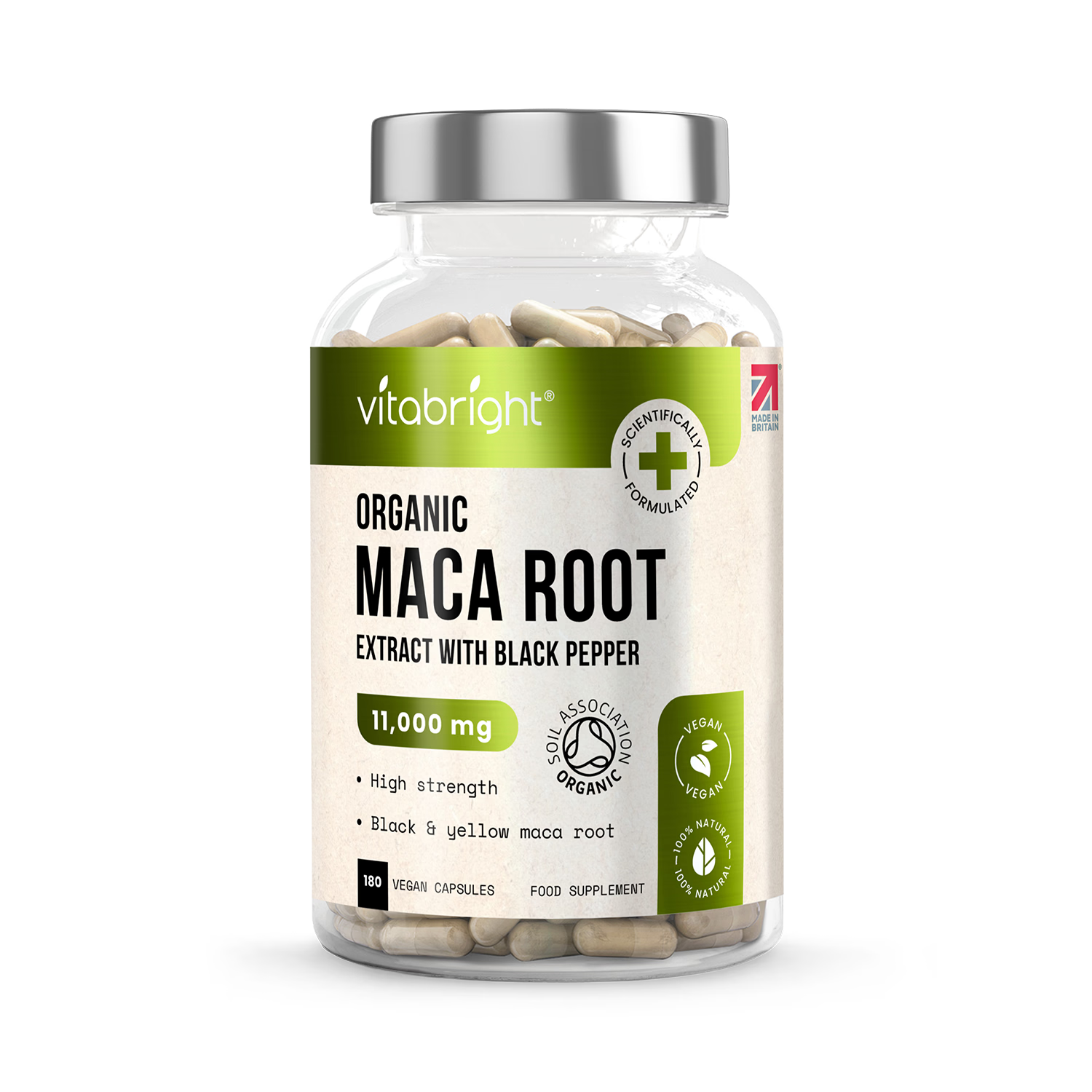 VitaBright black and yellow maca root capsules 180 capsules - British product