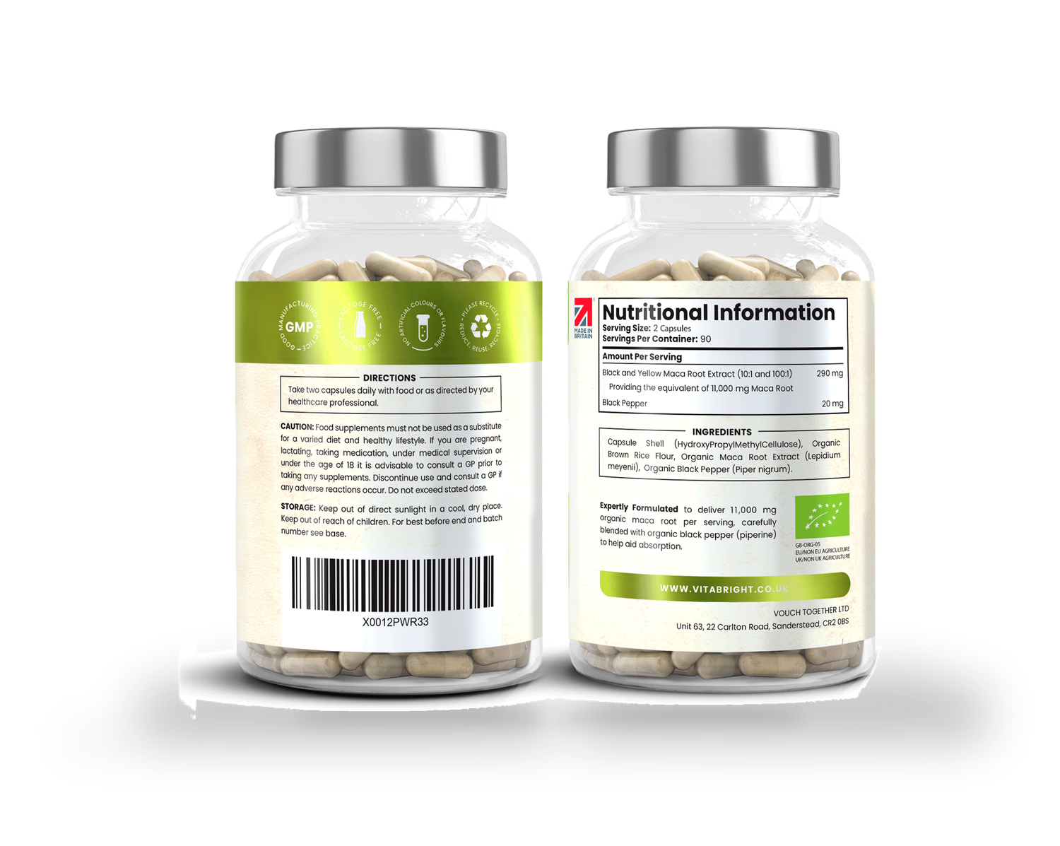 VitaBright black and yellow maca root capsules 180 capsules - British product