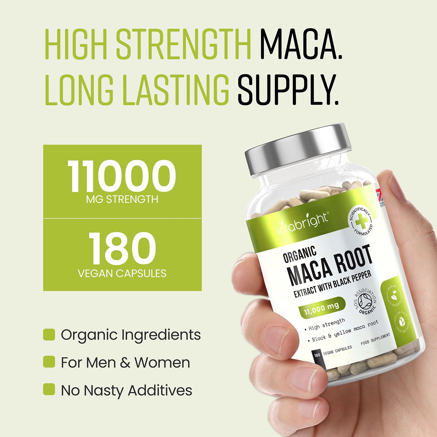 VitaBright black and yellow maca root capsules 180 capsules - British product