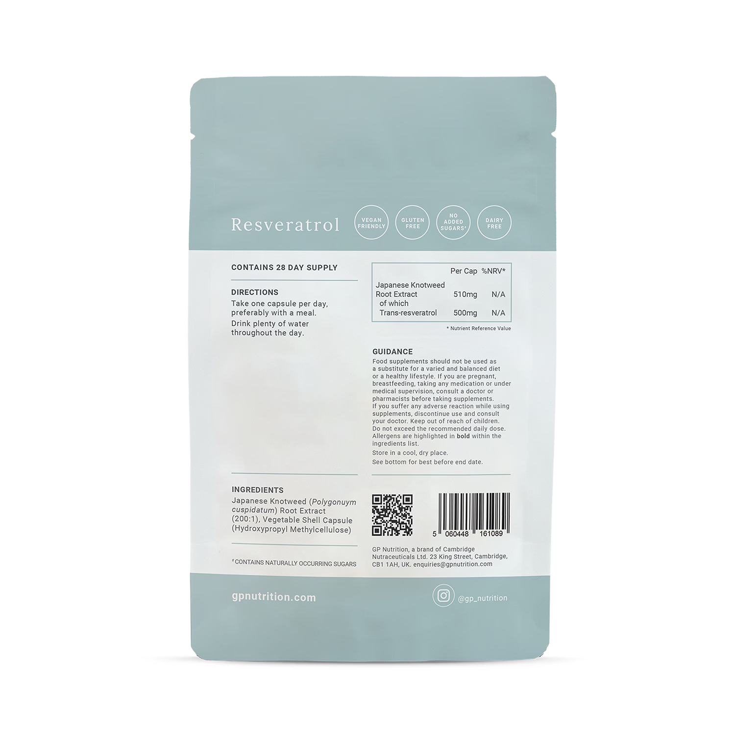 GP Nutrition resveratrol supplement capsules, imported from the UK