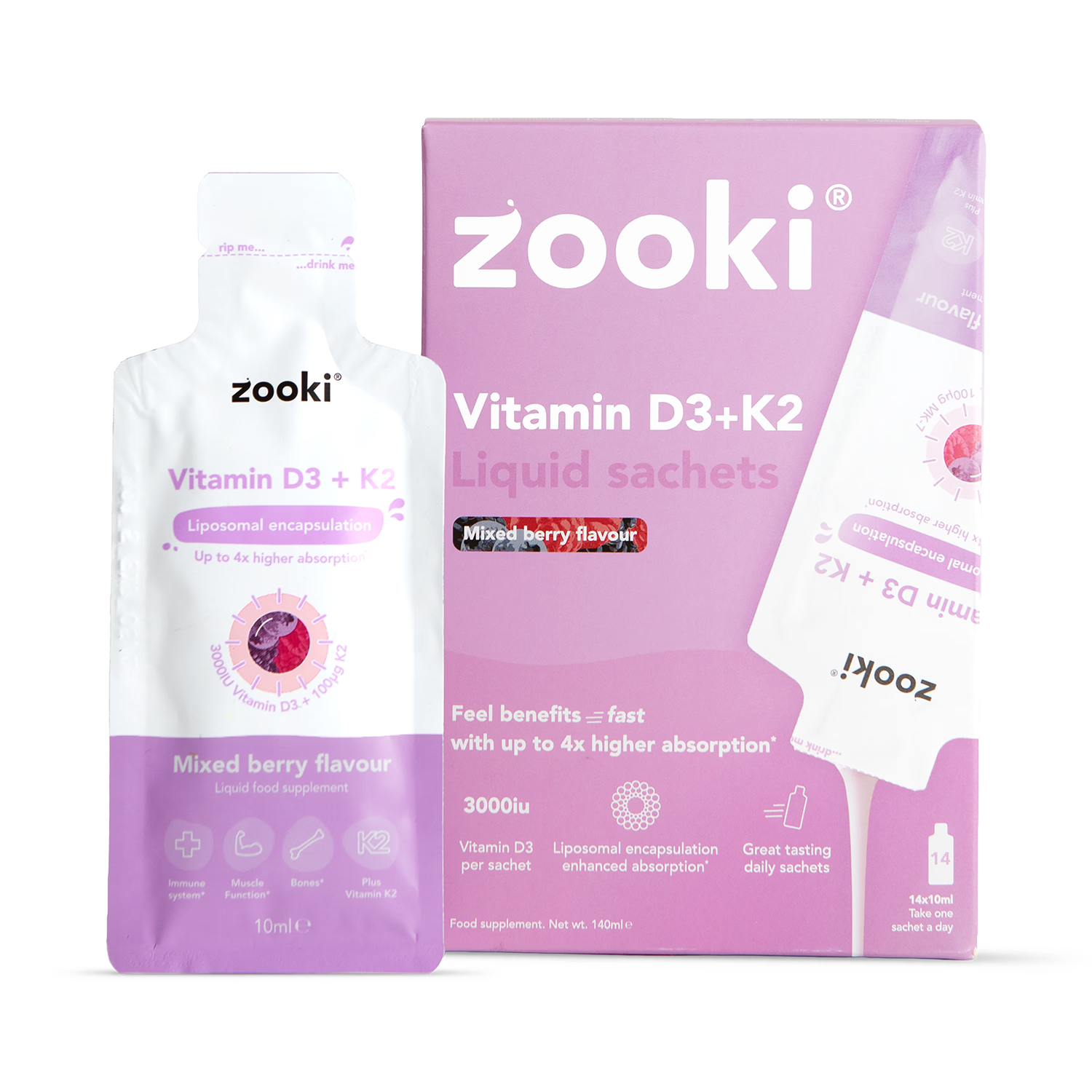 Zooki liposomal vitamin D3 K2 mixed berry 14 sachets (British brand)